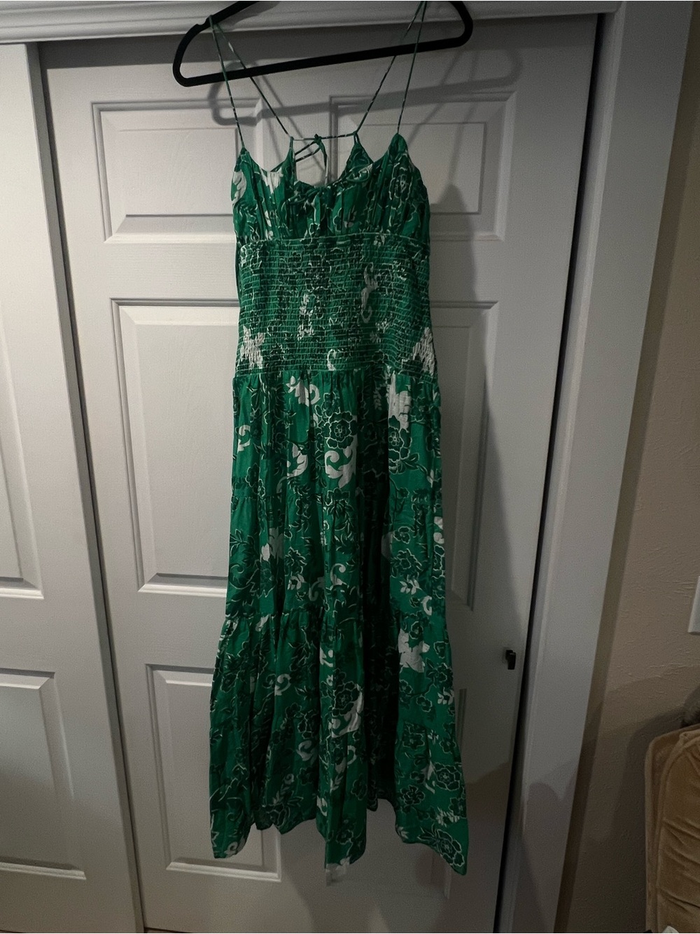 Anthropologie Smocked Drop Waist Green Floral Maxi Dress - M
